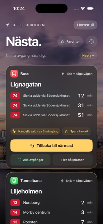 Nästa visar avgångar från Lignagatan och Liljeholmen, med minuter till avgång, gångavstånd och favoritknapp.
